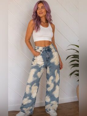CALVIN KLEIN Bleach Distressed Cotton Wide Leg Jeans